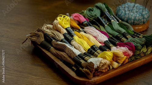Organized Sewing Floss and Textile Craft Material on Wooden Background Top View