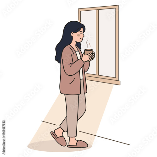 Woman walks alone with steaming mug near large window indoors