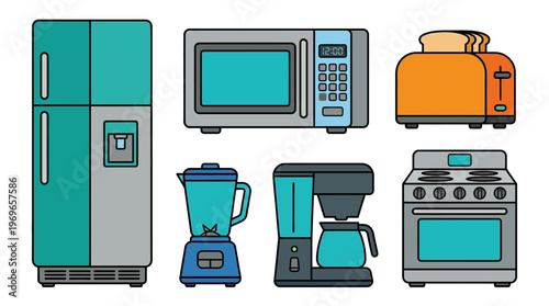 Kitchen appliances collection including refrigerator microwave toaster blender coffee maker oven
