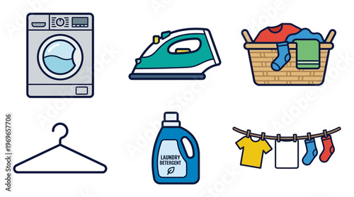Laundry icons set with washing machine, iron, detergent, and clothes on hanger and line