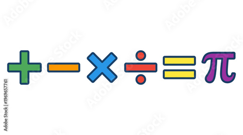 Colorful mathematical symbols and pi equation on white background for education