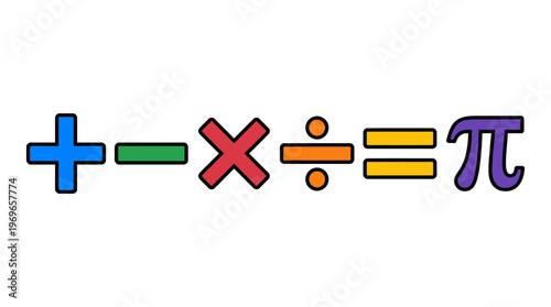 Mathematics symbols colorful illustration with plus, minus, multiply, divide and equals to pi