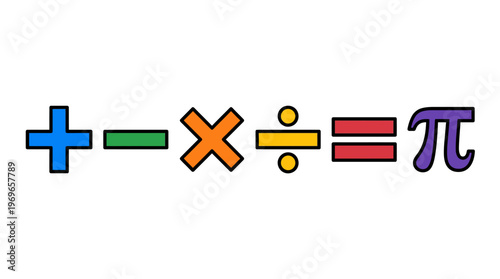 Colorful mathematical symbols including plus, minus, multiplication, division, equals, and pi