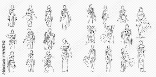 Set of women wearing traditional Indian saree in various poses, line art illustration.