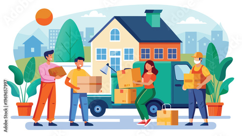 Delivery team carries boxes from truck to house in a busy neighborhood during the afternoon