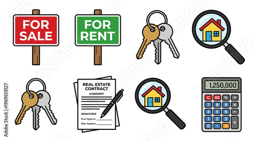 Real estate icons including for sale and for rent signs, house keys, magnifying glasses, contract, and calculator with numbers.