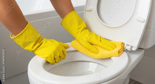 A person wearing yellow rubber gloves cleaning a white toilet with a sponge in a bathroom