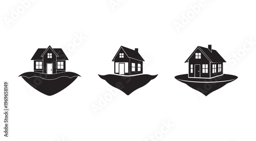 Blackandwhite house silhouettes on floating land  simple homes with windows and doors