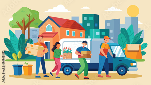 Moving day with people carrying boxes and unpacking near a truck in a city neighborhood during daytime