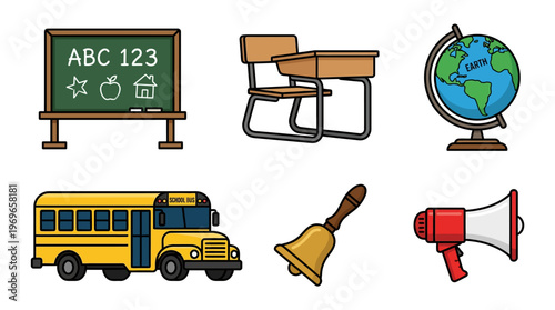 School icons set including bus, desk, globe, and educational tools
