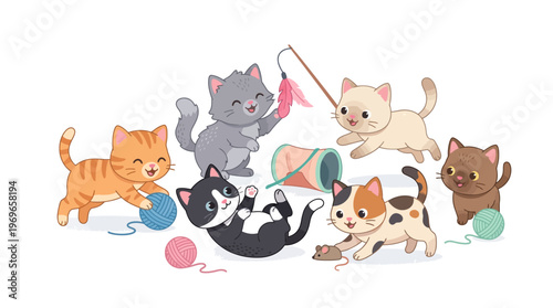 Cute Cartoon Kittens Playing Together.