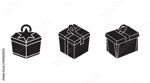 Blackandwhite illustration of gift boxes with star bow and handle on white background for valentines day birthday or christmas