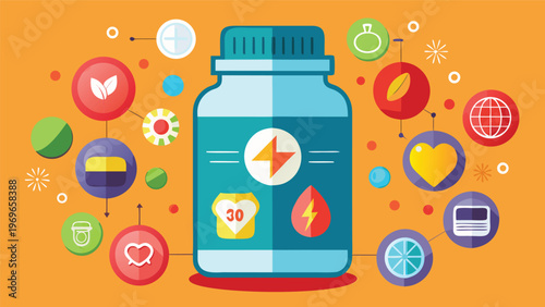 Bottle with vitamins and health symbols showing health benefits in a colorful setting