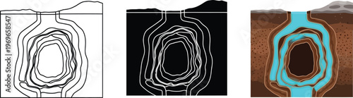 Detailed cross-section illustration of an underground burrow system depicting complex tunnels and water flow dynamics perfect for educational biology or hydrology infographics
