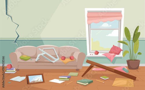 A messy living room with a damaged couch and scattered objects after an earthquake occurs indoors.