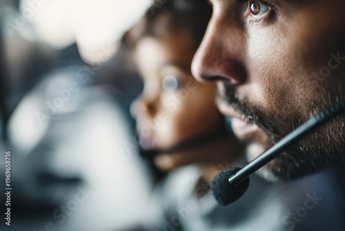 Customer service agents wearing headsets in a call center, ideal for support, communication and business operations content