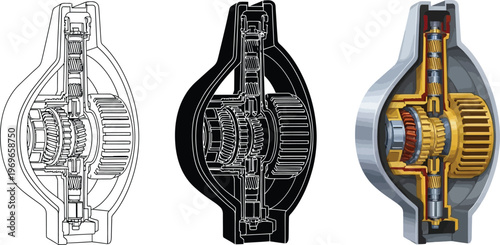 Detailed vector illustration of a mechanical component cross-section showing internal gears and shafts ideal for engineering diagrams and automotive technology concepts