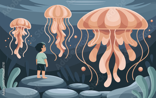 A child stands on rocks looking at large jellyfish underwater.