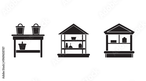 Blackandwhite illustration of three different market stands with various items on display  market  stand  shelves  buckets  bottles  goods