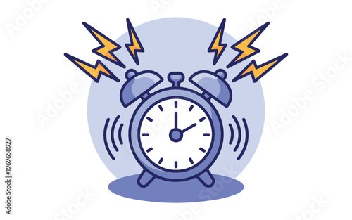 An alarm clock rings loudly with lightning bolts during a chaotic morning.