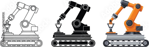 Set of industrial robotic arms in various styles including outline glyph and colored vector illustrations ideal for technology and manufacturing concepts