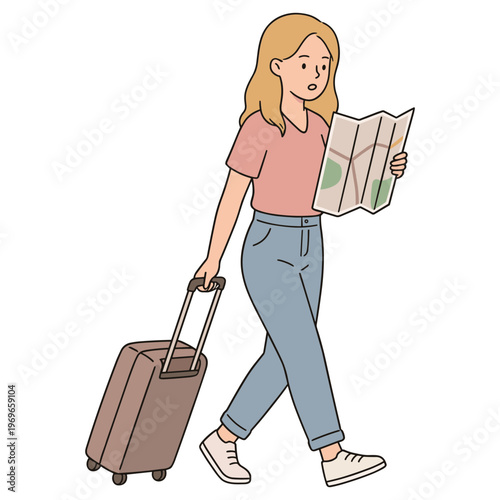 Woman walking with suitcase and reading a map on the go outside