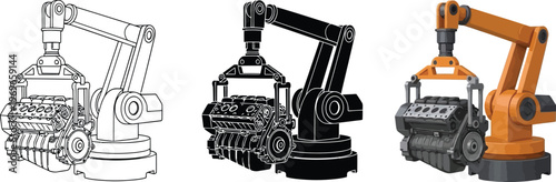 Set of industrial robotic arms lifting engine blocks presented in outline silhouette and realistic vector styles ideal for manufacturing and technology concepts