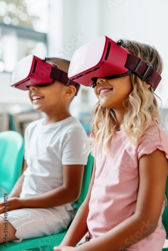Young children smiling with virtual reality headsets in classroom