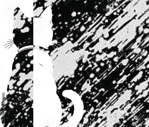 Vector art of black and white cat with a grunge textured background split design