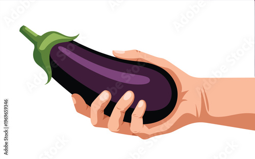 A hand holds a large purple eggplant with green stem.