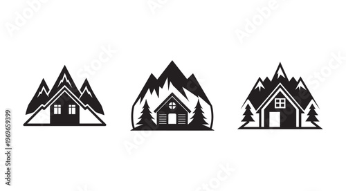 Blackandwhite illustrations of houses with mountains and trees  cabin in the woods  mountain lodge  chalet  ski resort  house in snowy mountains