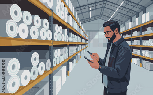 Man inspects warehouse shelves stacked with large rolls of material