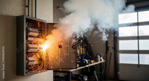 An electrical panel with wires sparking and smoking in a garage