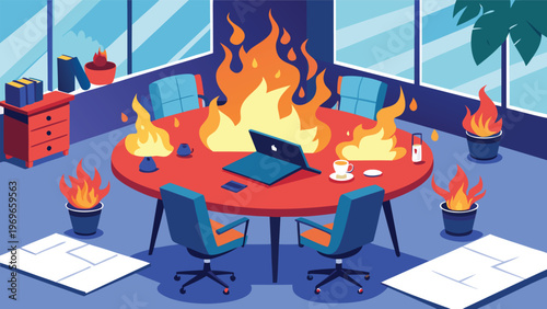 Office scene with fire at a round table during daytime