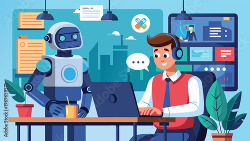 Robot assistant helps a man working at a laptop in a modern office space during the day