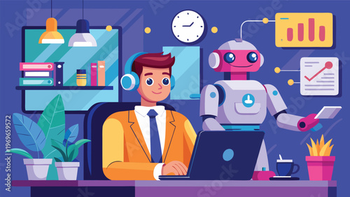 Business worker using computer with robot assistant in modern office setting during daytime