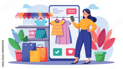 Online shopping scene with a woman browsing clothes on her mobile device in a colorful store setting