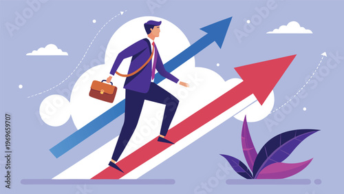 Businessman walking up the arrow showing growth in a bright blue sky with clouds and a plant at the base
