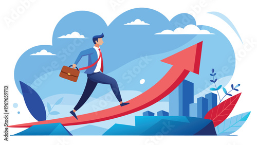 Business person walking up a rising arrow in a city landscape during daytime