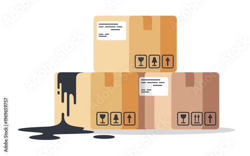 Boxes stacked with labels and black liquid spilling out nearby