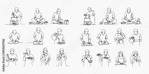 Set of continuous line drawings depicting people cooking, eating, and performing various kitchen tasks, in a minimalist linear style.