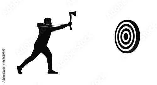 Axe throwing practice with a man preparing to throw at a target silhouette