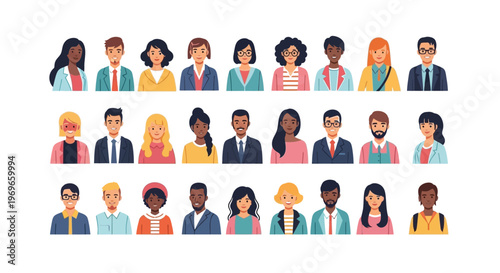 Smiling diverse business professionals and team members depicted as modern flat design vector illustration avatars, ideal for user profiles.