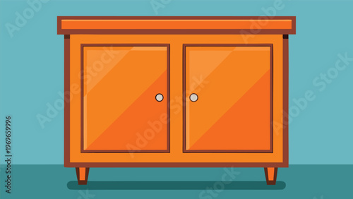 Bright orange cabinet with two doors placed on a blue background in a simple design and clear focus on its shape and color
