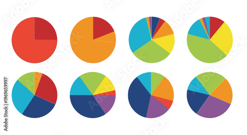 Dynamic vector graphic illustration of a set of colorful pie charts for statistical data visualization and business analysis.