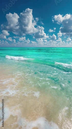 Clear turquoise ocean water washes onto a golden sandy beach under a vibrant blue sky dotted with fluffy white clouds. Sun glistens on the ripples, revealing the shallow seabed.