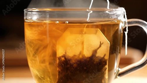 Wallpaper Mural Tea bag steeping in clear glass mug with hot water Torontodigital.ca