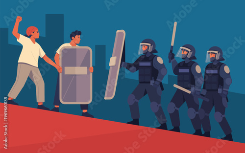 Police clash with protesters in a city street confrontation scene