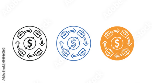 Dynamic vector graphic illustration depicting the circular flow of money and business briefcases, representing financial investment and transaction concepts.