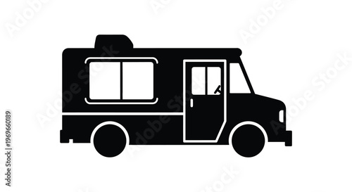 Black silhouette of a food truck with distinct features and wheels